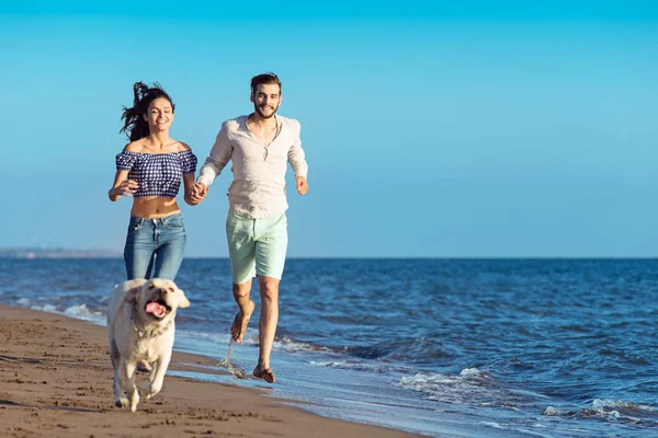 Coppia felice con cane in spiaggia — Foto Stock