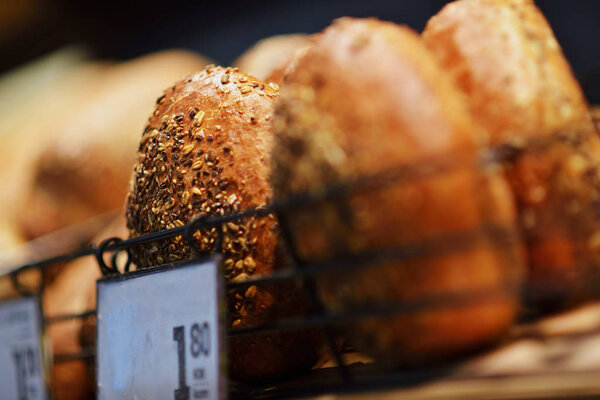 Homemade loaves of bread at market