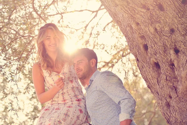 Pareja relajarse bajo el árbol. Estilo de arte. Huerto de aceitunas . — Foto de Stock