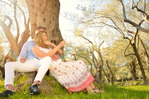 Pasangan bersantai di bawah pohon. Gaya seni yang bagus. Kebun Zaitun . — Stok Foto