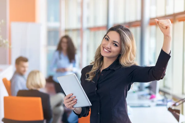 Portret van jonge zakenvrouw bij moderne startup office interieur, team in vergadering op de achtergrond — Stockfoto