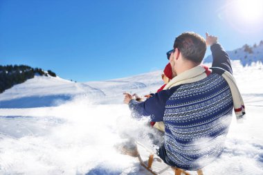Kızak ve güneşli kış gününde zevk genç Çift