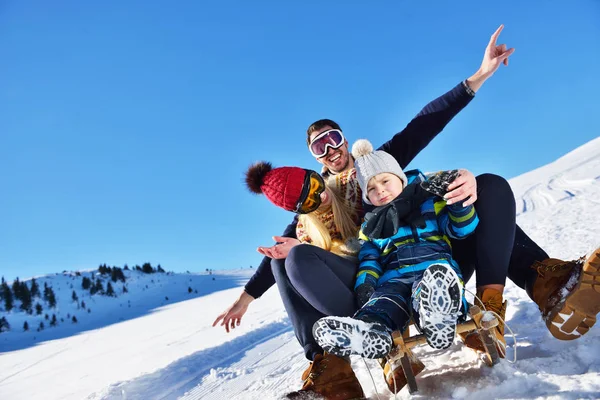 A família feliz monta o trenó na madeira de inverno, entretenimentos de inverno alegres — Fotografia de Stock