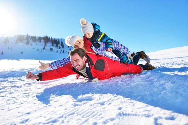 güzel güneşli kış günü doğada açık taze karda oynarken mutlu genç aile
