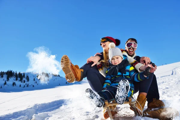 A família feliz monta o trenó na madeira de inverno, entretenimentos de inverno alegres — Fotografia de Stock