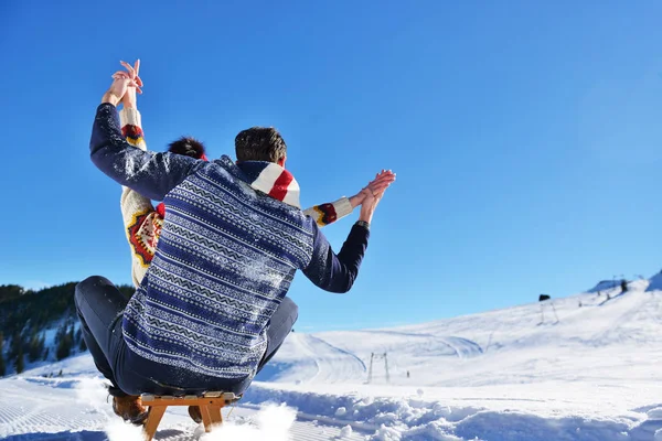 Kızak ve güneşli kış gününde zevk genç Çift