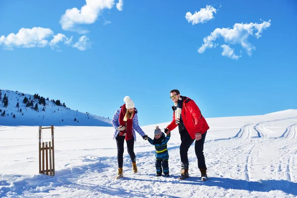 güzel güneşli kış günü doğada açık taze karda oynarken mutlu genç aile
