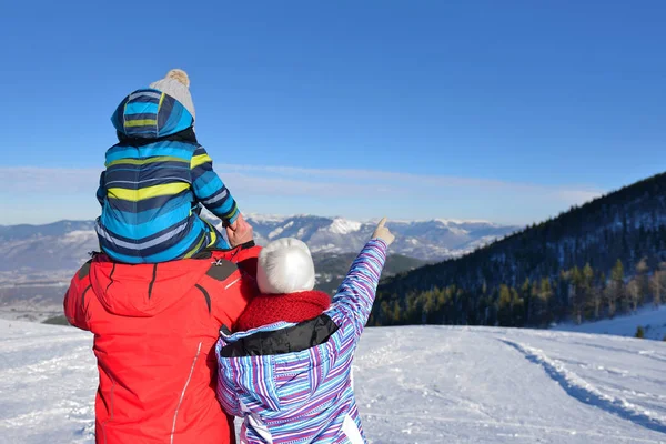 Padre, madre e hijos se están divirtiendo y jugando en invierno nevado caminar en la naturaleza . — Foto de Stock