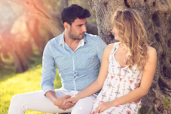 Feliz pareja bajo gran árbol — Foto de Stock