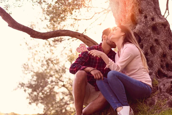 Jovem casal bonito sob a árvore na bela natureza . — Fotografia de Stock