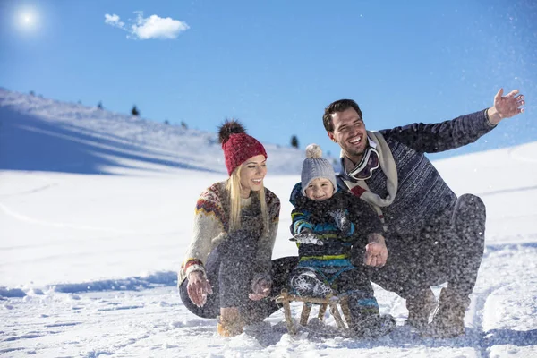 A família feliz monta o trenó na madeira de inverno, entretenimentos de inverno alegres — Fotografia de Stock