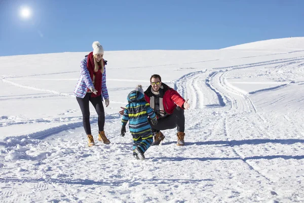 Família atraente se divertindo em um parque de inverno na montanha — Fotografia de Stock