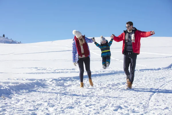 Приваблива сім'я розважається в зимовому парку на горі — стокове фото