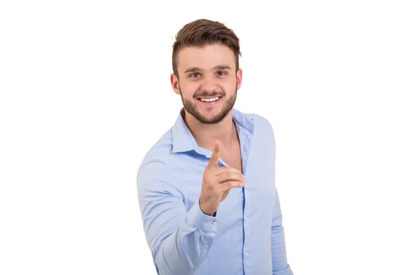 Hombre barbudo excitado con camisa a cuadros apuntando con los dedos a la cámara aislada sobre un fondo blanco — Foto de Stock