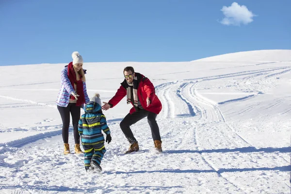 Привлекательная семья, развлекающаяся в зимнем парке на горе — стоковое фото
