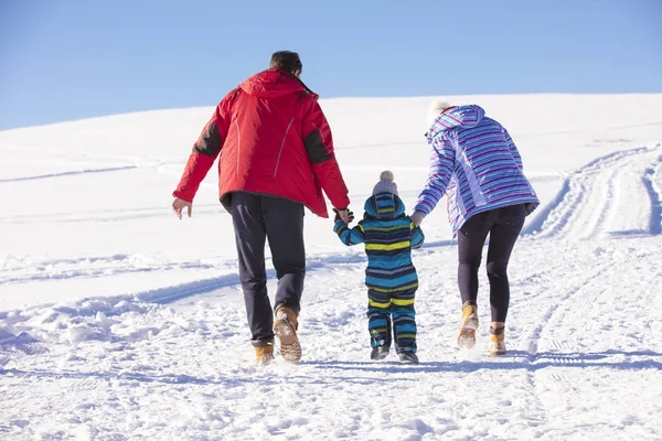 Família atraente se divertindo em um parque de inverno na montanha — Fotografia de Stock