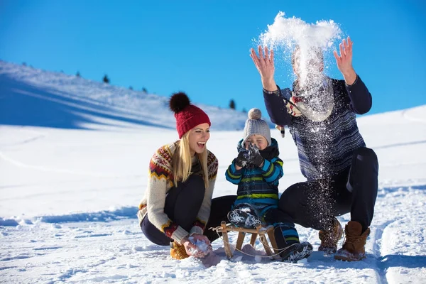 Счастливая семья ездит на санях в зимнем лесу, веселые зимние развлечения — стоковое фото