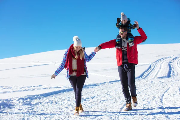 Atractiva familia divirtiéndose en un parque de invierno en la montaña — Foto de Stock