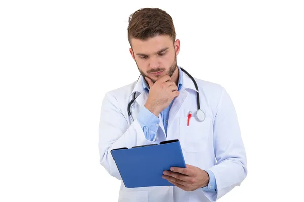 Médico preocupado com gesto pensativo isolado em fundo branco — Fotografia de Stock