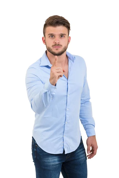 Hombre barbudo excitado con camisa a cuadros apuntando con los dedos a la cámara aislada sobre un fondo blanco —  Fotos de Stock