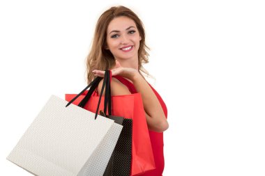 alışveriş torbaları tutan kadın, beyaz stüdyo özgeçmişlerine izole