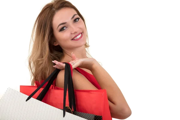 Bevásárló táska tartó női, elszigetelt fehér stúdió háttere — Stock Fotó