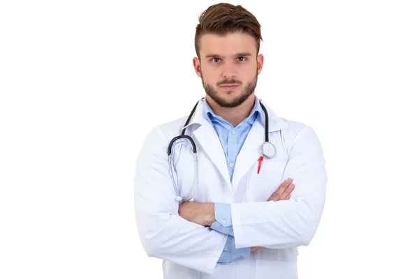 Jonge vertrouwen dokter met een stethoscoop in de handen. — Stockfoto