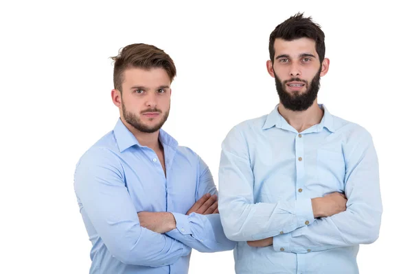 Váll a váll, barátom. Két férfi szakállal elszigetelt fehér background. — Stock Fotó