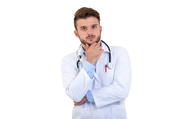 Fiatal aggódik orvos töprengő gesztus, elszigetelt fehér background — Stock Fotó