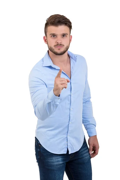 Joven hombre barbudo excitado con camisa a cuadros apuntando con los dedos a la cámara aislada sobre un fondo blanco . —  Fotos de Stock