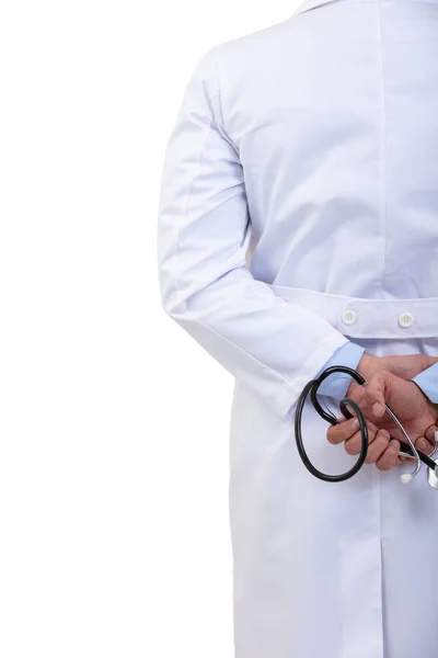 젊은 의사는 뒤 손에 청진 기 — 스톡 사진
