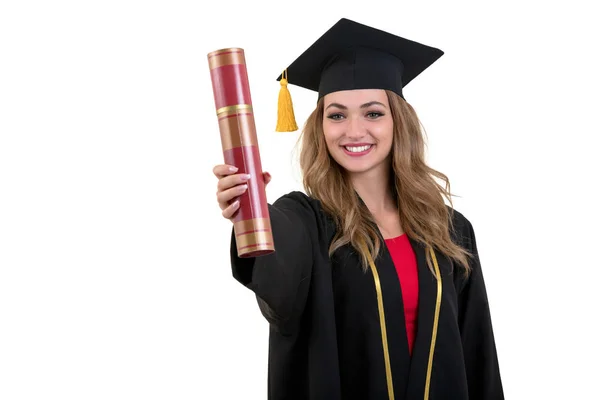 Happy postgraduální student držení diplomu izolovaných na bílém pozadí. — Stock fotografie