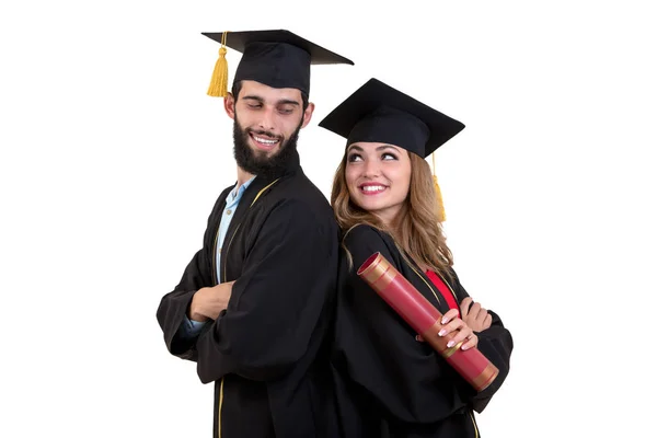 Πορτρέτο του χαρούμενος δύο φοιτητές που αποφοιτούν. απομονωθεί σε λευκό φόντο. — Φωτογραφία Αρχείου