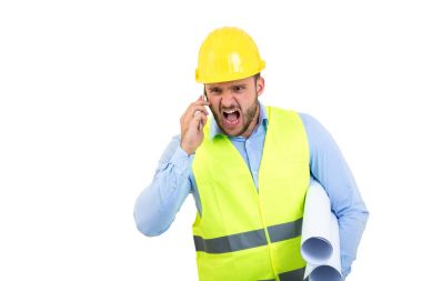 Telefon, kızgın kızgın genç inşaat mühendisi yeling