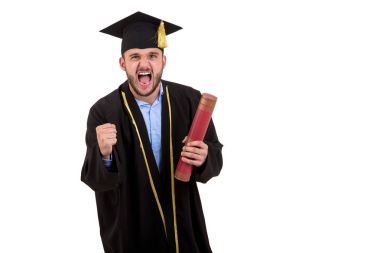 Mezuniyet elbisesi elle beyaz zemin üzerine izole el hareketi içinde erkek öğrenci