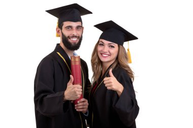 iki mutlu mezun öğrencilerin portresi. Beyaz arka plan üzerinde izole.