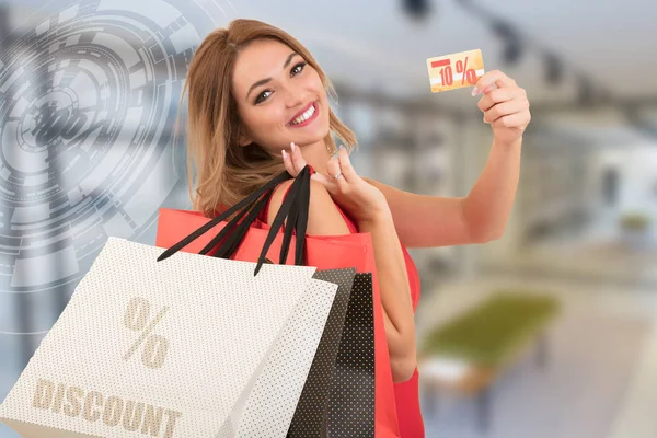 Vidám izgatott meglepett, fiatal nő, hitelkártya értékesítés illusztráció — Stock Fotó