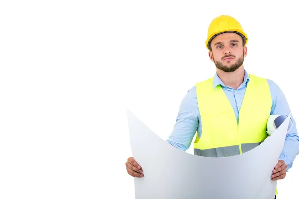 Portret van de jonge ingenieur holding blauwdrukken geïsoleerd op wit — Stockfoto