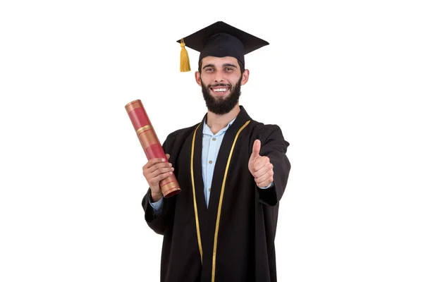 Απόφοιτος φοιτητής φοράει φόρεμα και καπάκι που απομονώνονται σε λευκό φόντο — Φωτογραφία Αρχείου