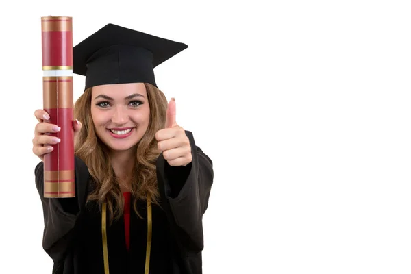 Счастливый аспирант с дипломом на белом фоне . — стоковое фото
