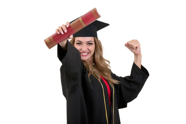 Happy postgraduální student držení diplomu izolovaných na bílém pozadí. — Stock fotografie