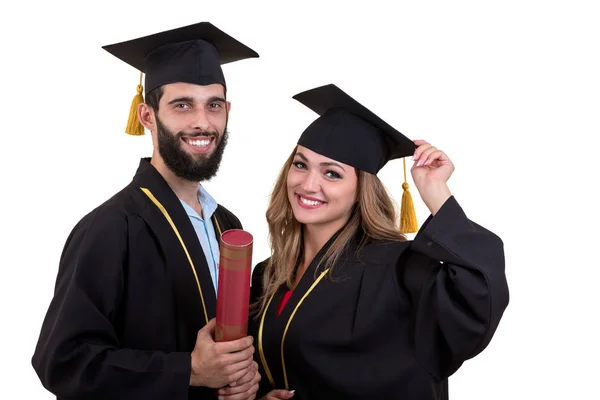 Πορτρέτο του χαρούμενος δύο φοιτητές που αποφοιτούν. απομονωθεί σε λευκό φόντο. — Φωτογραφία Αρχείου