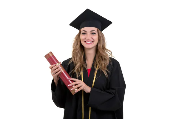 Happy postgraduální student držení diplomu izolovaných na bílém pozadí. — Stock fotografie