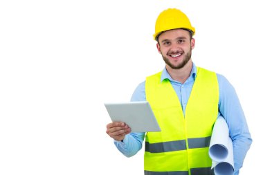 tablet PC beyaz izole, çalışan yakışıklı mühendisi