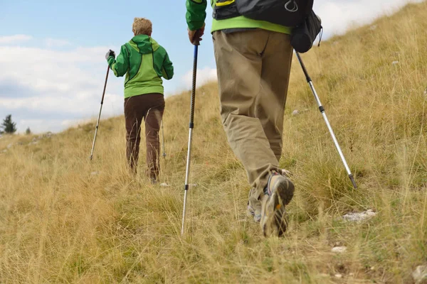 Young hikers walking with trekking poles