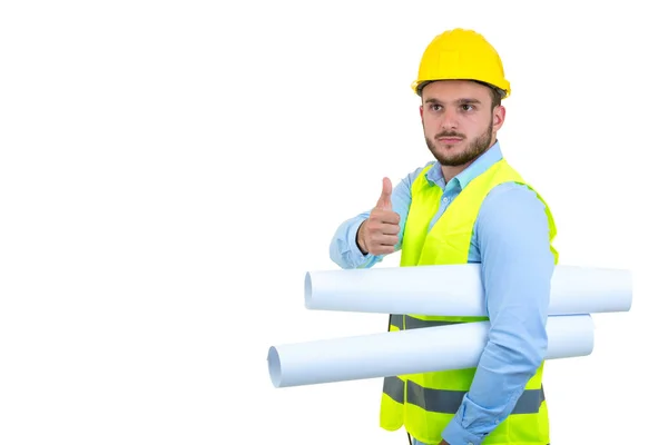 Young Engineer portrait holding blueprints isolated on white — Stock Photo, Image