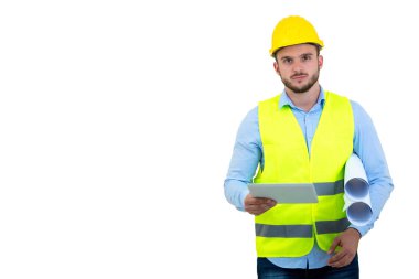 tablet PC beyaz izole, çalışan yakışıklı mühendisi