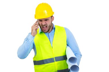 Telefon, kızgın kızgın genç inşaat mühendisi yeling