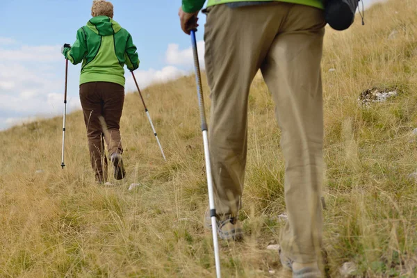 Trekking direkleri ile yürüyen genç yürüyüşçü — Stok fotoğraf