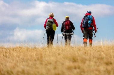 Dikiz atış hiking yaz tatili sırasında kırsalında genç arkadaşlar. Grup doğada yürüyüş yürüyüşçü.